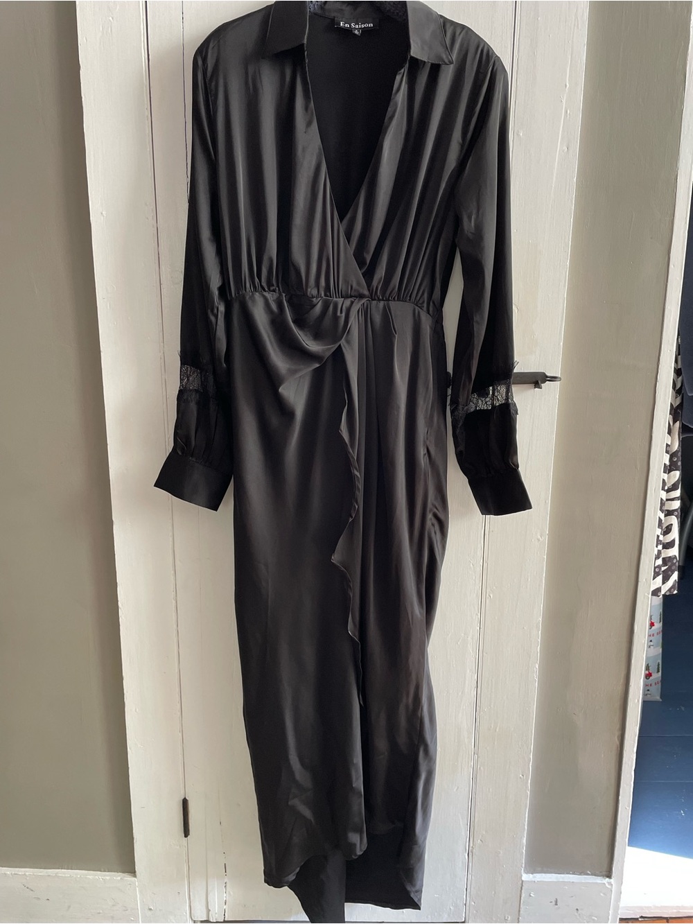 Black Satin Dark Romantc Goth Vamp High Low Wrap Dress Long Sleeve Lace Detail S